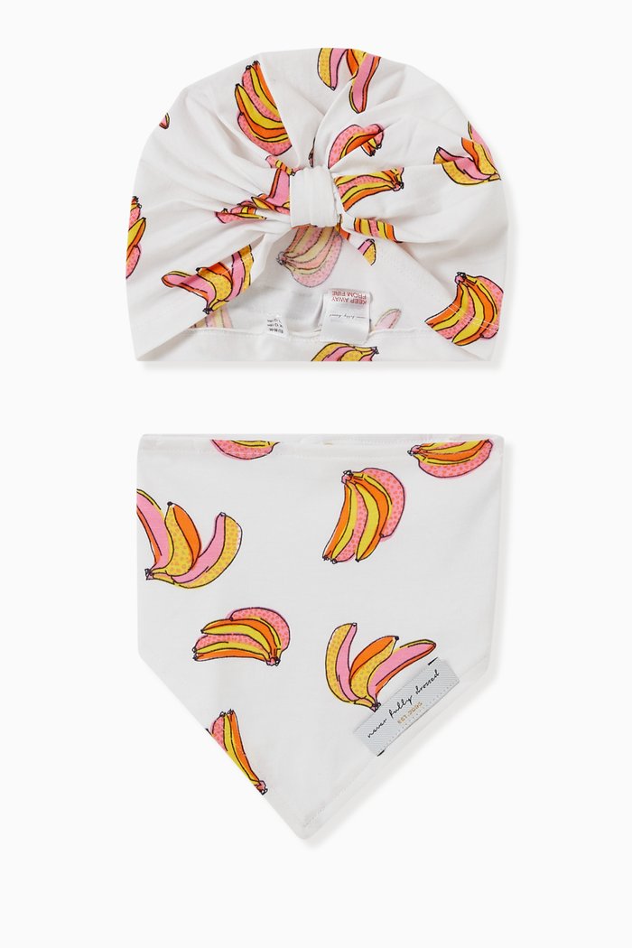 

Banana Print Turban & Bib Set in Organic Cotton, White