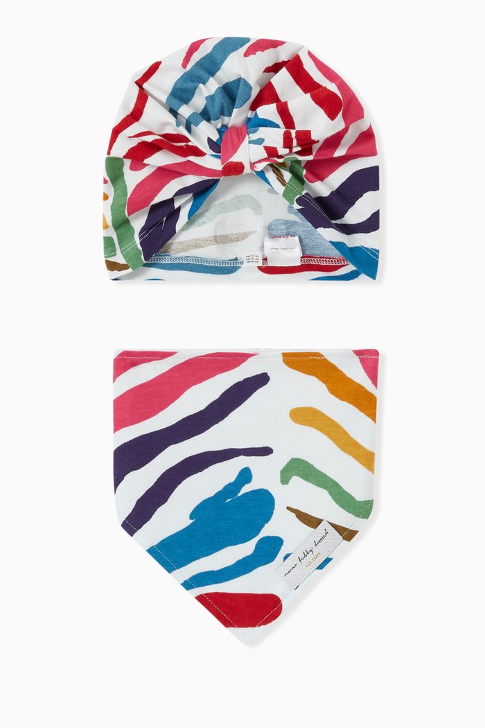 Zebra Print Turban & Bib Set in Cotton, Multicolour