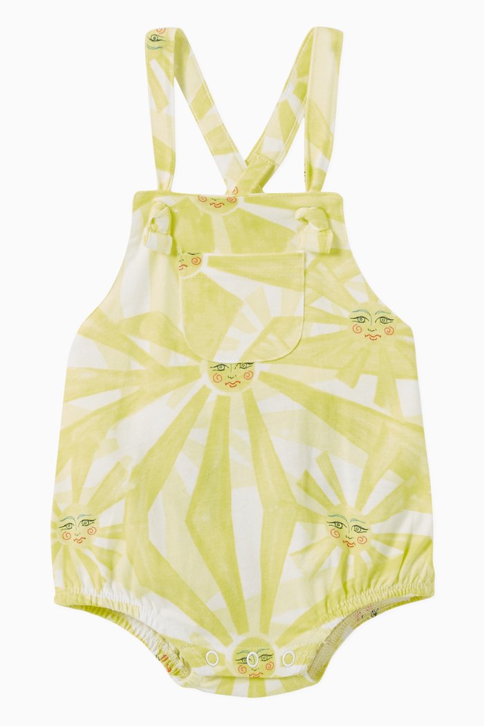 

Sunshine Print Dungaree Romper in Cotton, Yellow