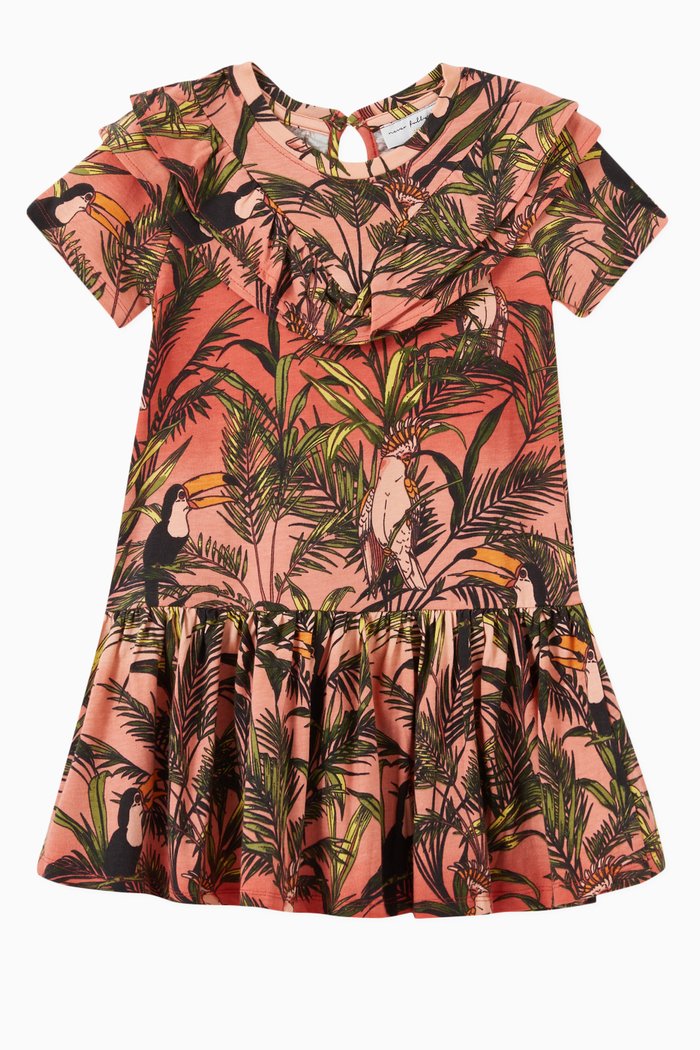 

Tropical Print Ruffled Dress in Cotton, Multicolour