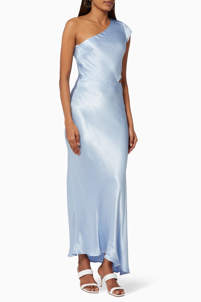 

Delphine Asymmetrical Midi Dress in Satin, Blue