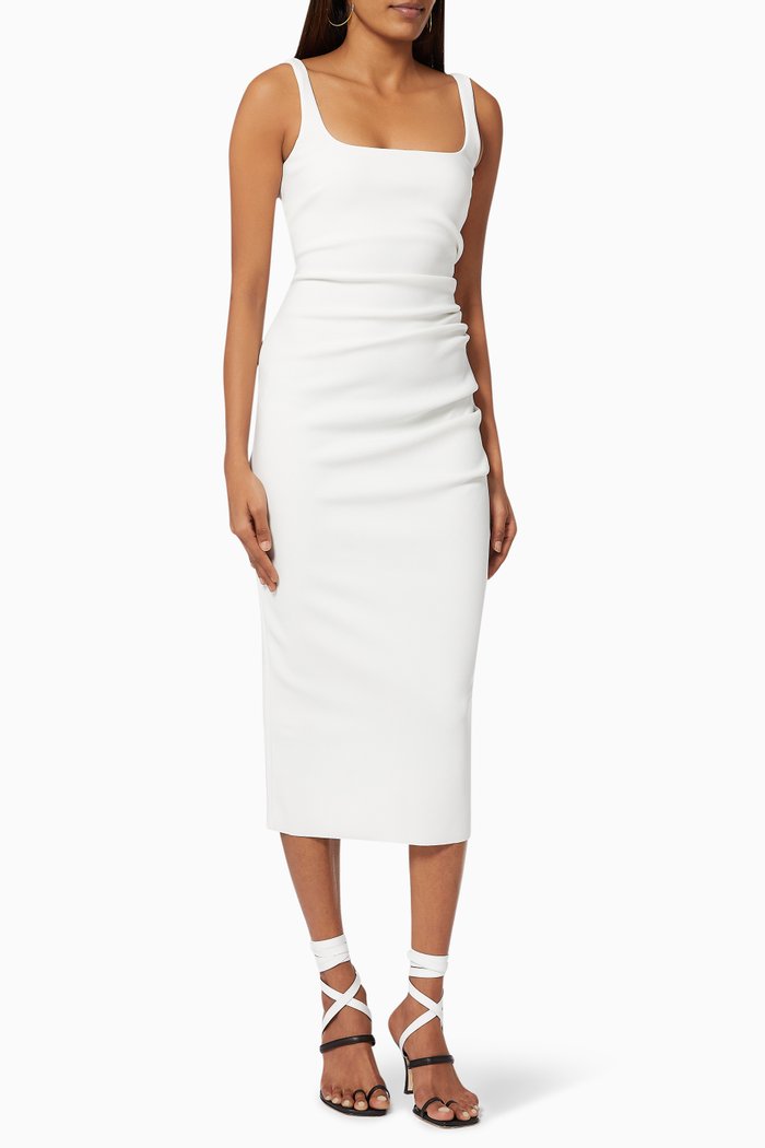 

Karina Tuck Midi Dress in Stretch Crepe, Neutral