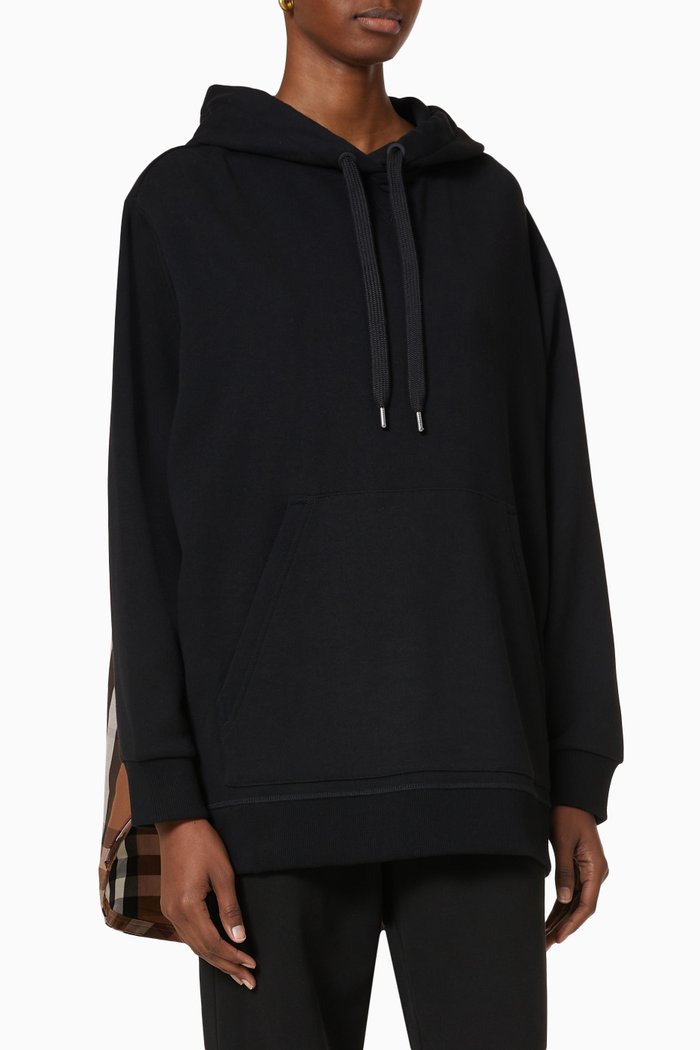 

Check Panel Oversized Hoodie in Loop-back Cotton, Black