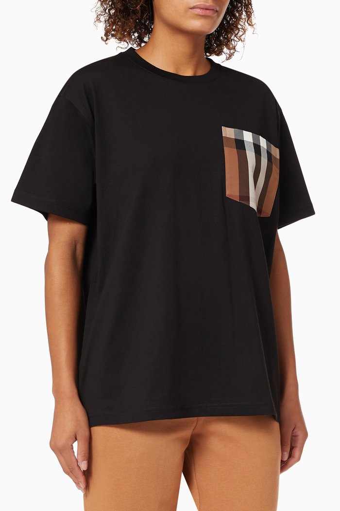 

Oversized T-shirt with Vintage Check Pocket in Cotton, Black