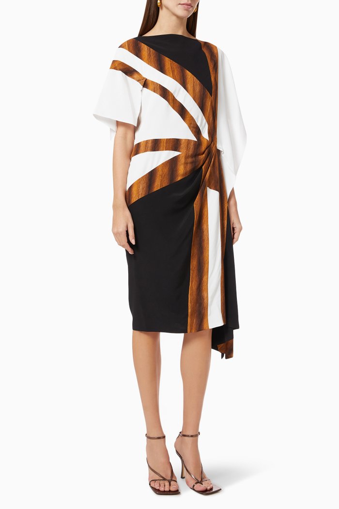 

Flag Print Asymmetric Dress in Silk Crepe de Chine, Black