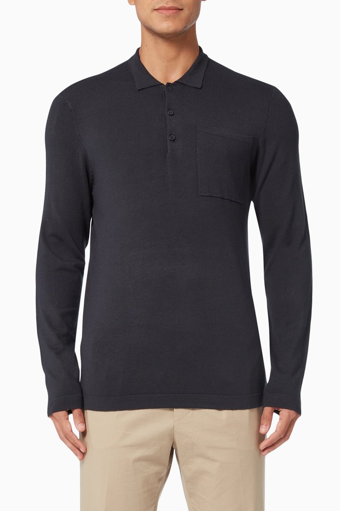

Adam Long Sleeve Polo T-shirt in Jersey, Blue