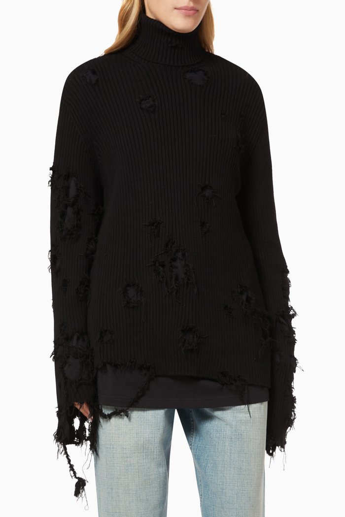 

Turtleneck in Destroyed Ribbed Knit, Black