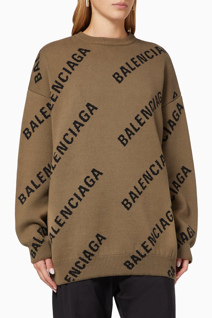 Allover Logo Crewneck in Jacquard Cotton Wool Blend Knit, Brown