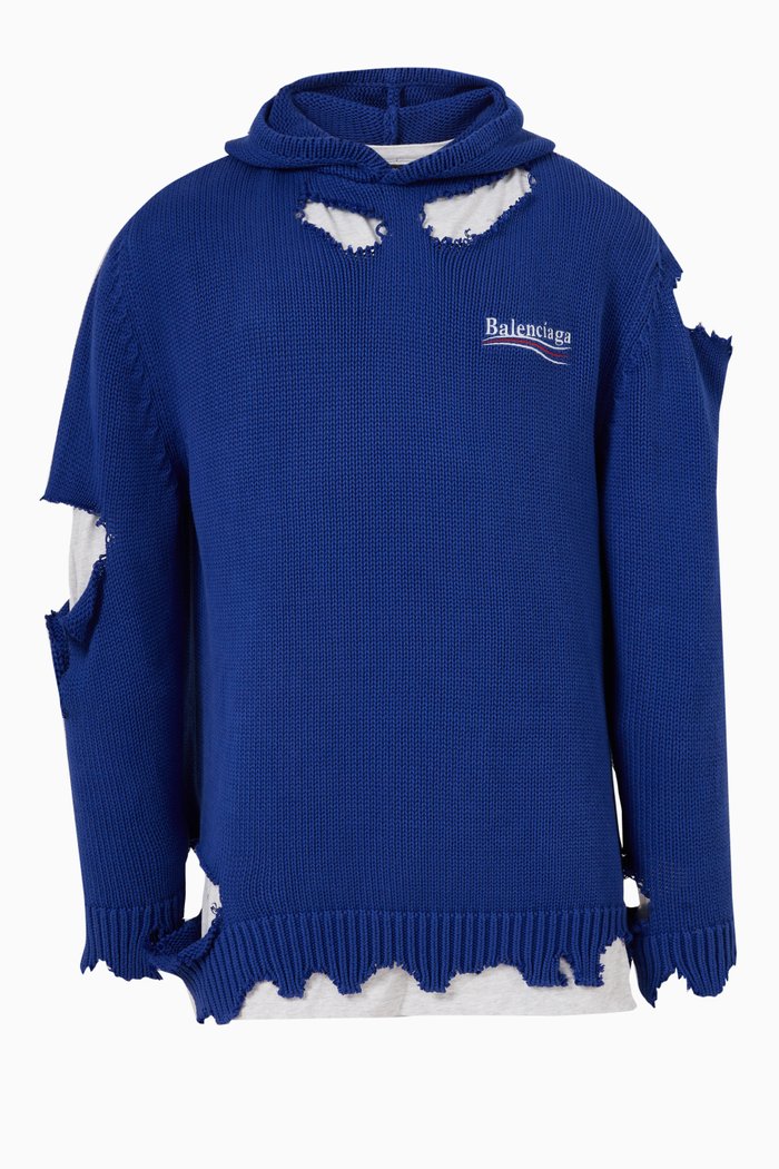 

Political Campaign Destroyed Hoodie in Cotton Knit, Blue