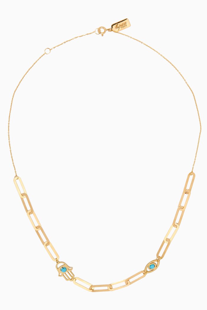 

Fatima Hand & Eye Charm Necklace with Turquoise in 18kt Yellow Gold