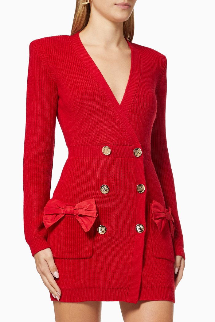 

Coat Dress with Bows in Wool Rib-knit, Red