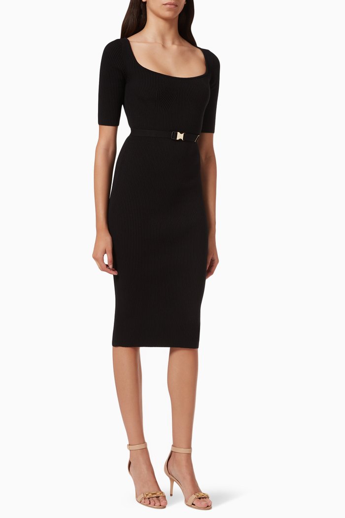 

Midi Dress with Belt in Viscose Rib-knit, Black