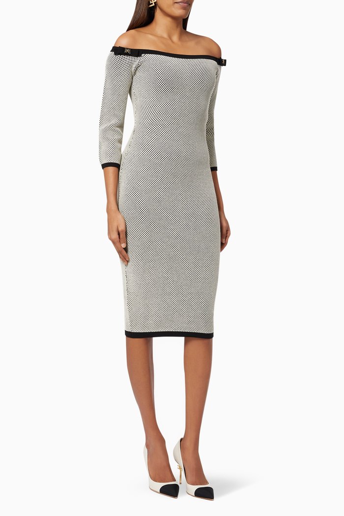 Straight Neckline Midi Dress in Honeycomb Viscose Knit, Black