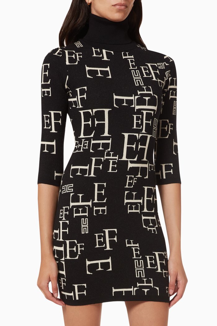 Mini Dress in Logo Lettering Jacquard Knit, Black