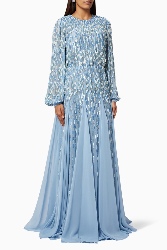 

Gown in Bead & Sequin Fringe Georgette, Blue
