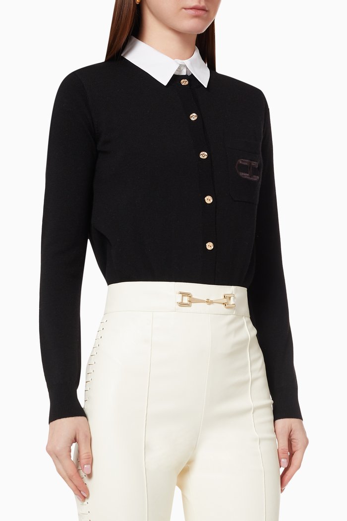 

Collared Cardigan Bodysuit in Wool, Black