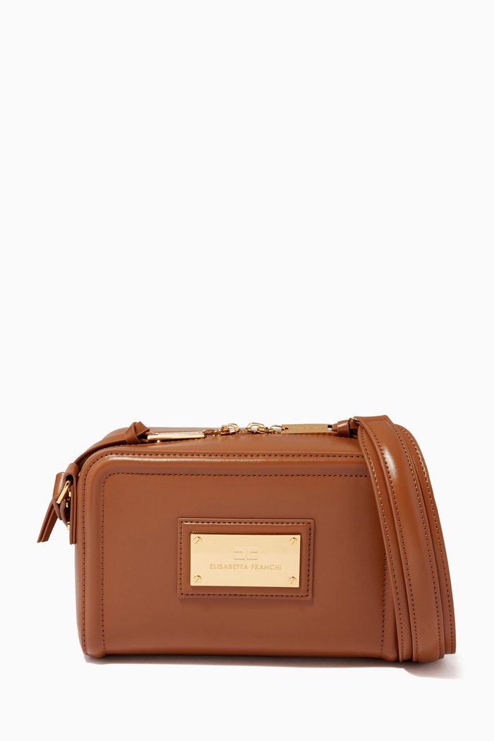 

Logo Plaque Box Shoulder Bag in Faux Leather, Brown