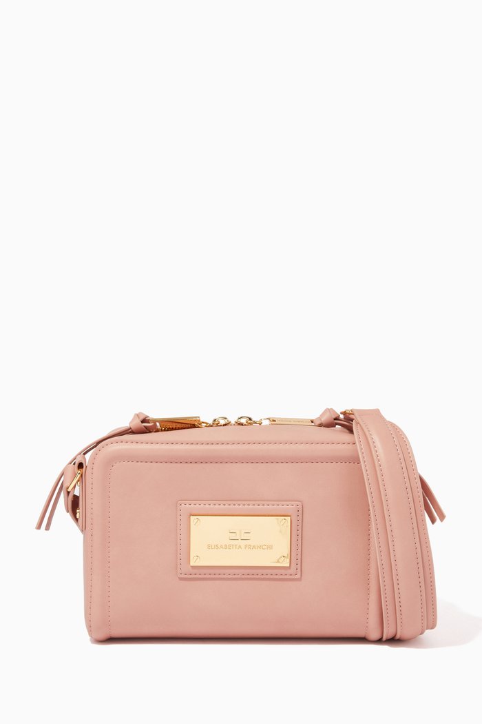 

Logo Plaque Box Shoulder Bag in Faux Leather, Pink