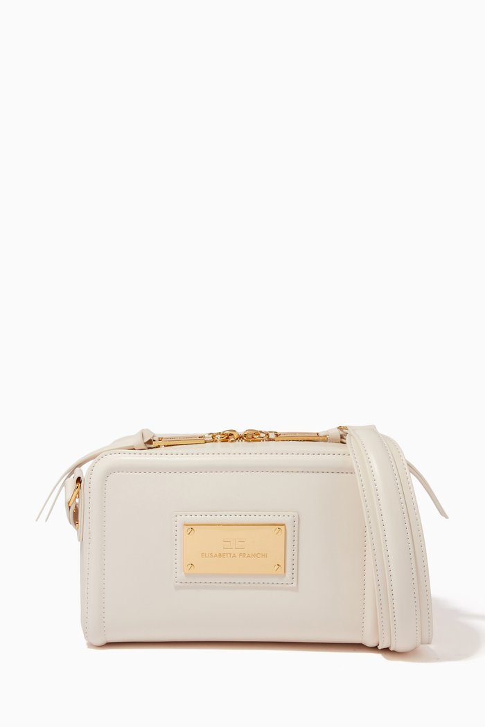 

Logo Plaque Box Shoulder Bag in Faux Leather, White
