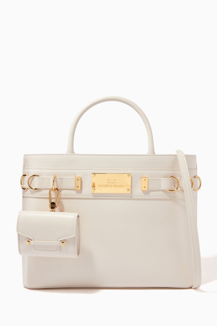 

Logo Plaque Shopper in Faux Leather, White