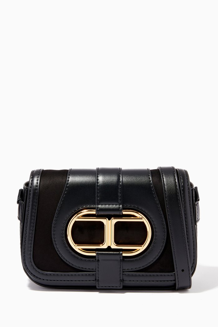 

Saddle Shoulder Bag in Faux Leather & Suede, Black