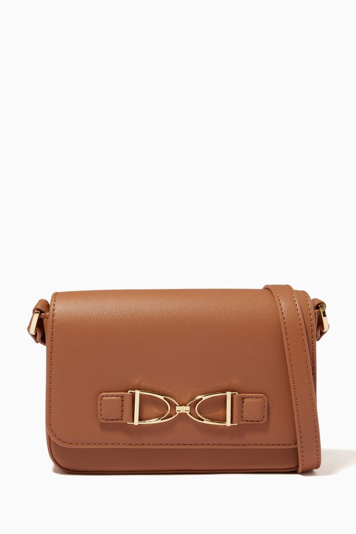 

Horsebit Small Shoulder Bag in Faux Leather, Brown
