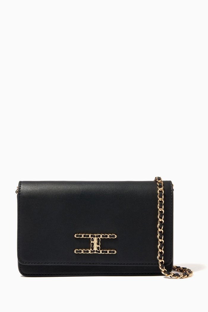 

Chain Logo Crossbody Bag in Faux Leather, Black