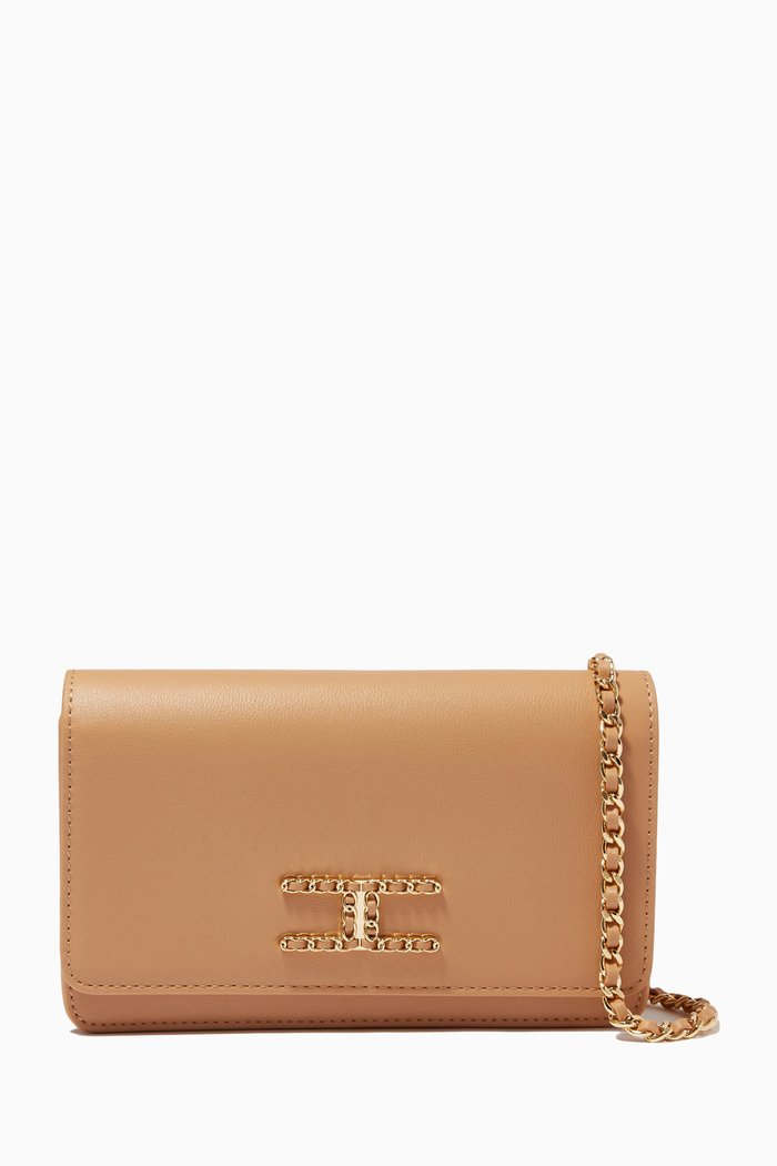

Chain Logo Crossbody Bag in Faux Leather, Brown