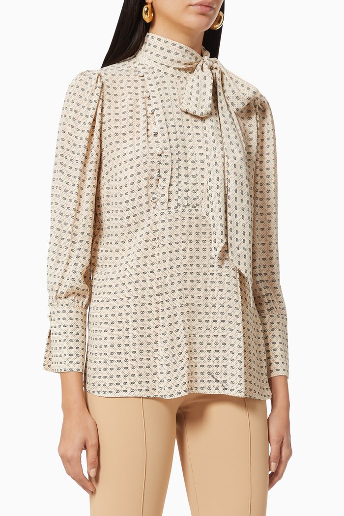 Neck-tie Blouse in Tie-print Viscose Georgette, White