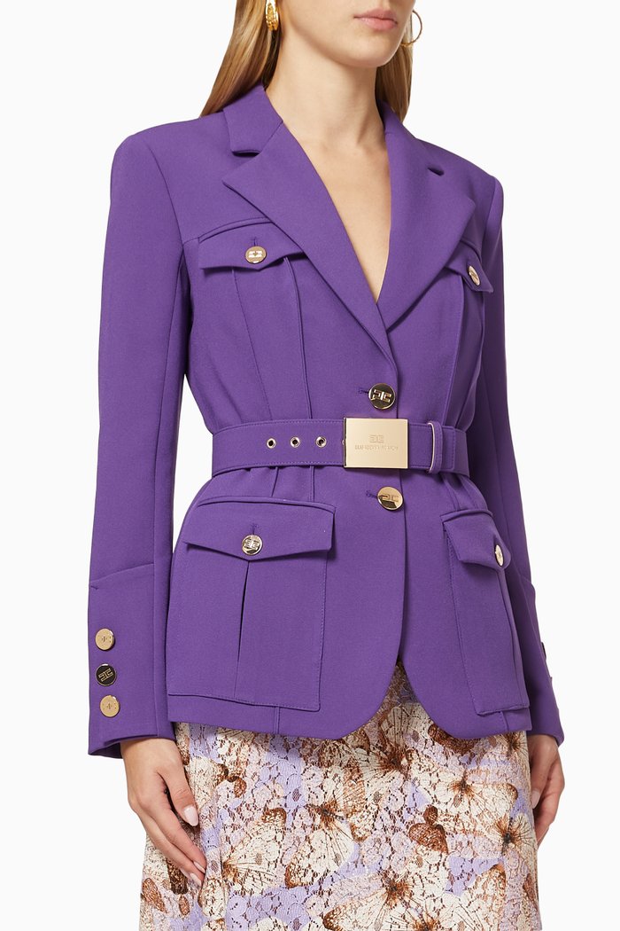 

Army-chic Jacket with Logo Belt in Crepe, Purple