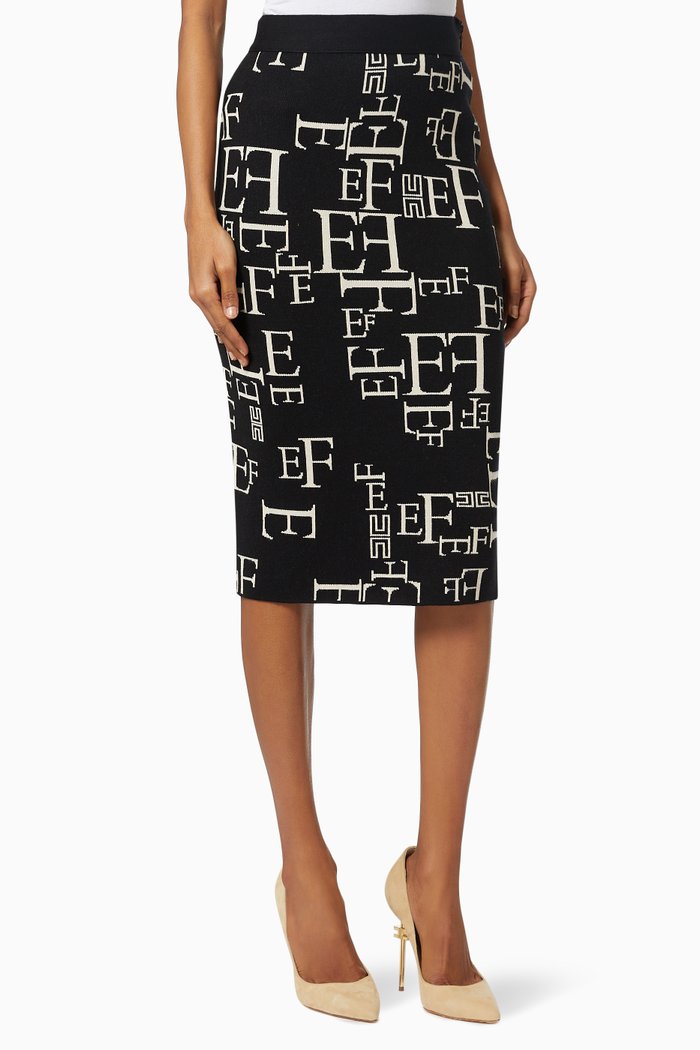 

Midi Skirt in Logo Lettering Jacquard Knit, Black