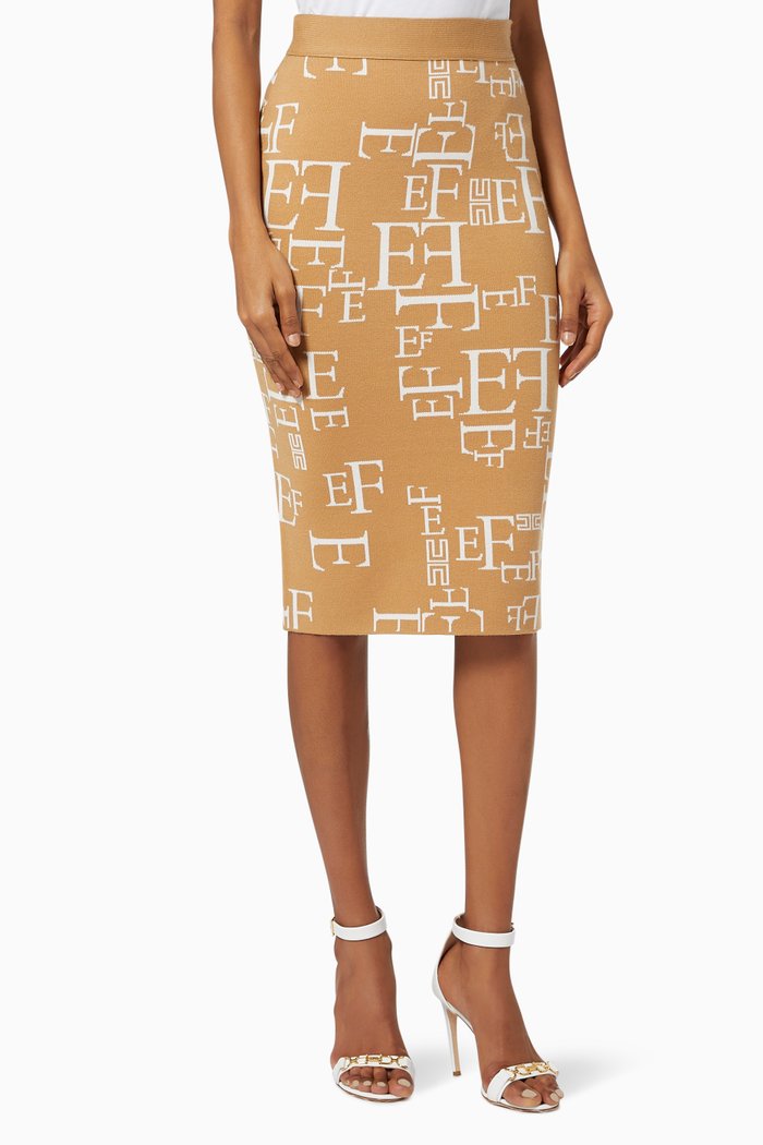 

Midi Skirt in Logo Lettering Jacquard Knit, Brown