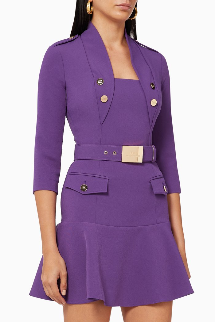 Mini Dress with Belt in Crêpe, Purple