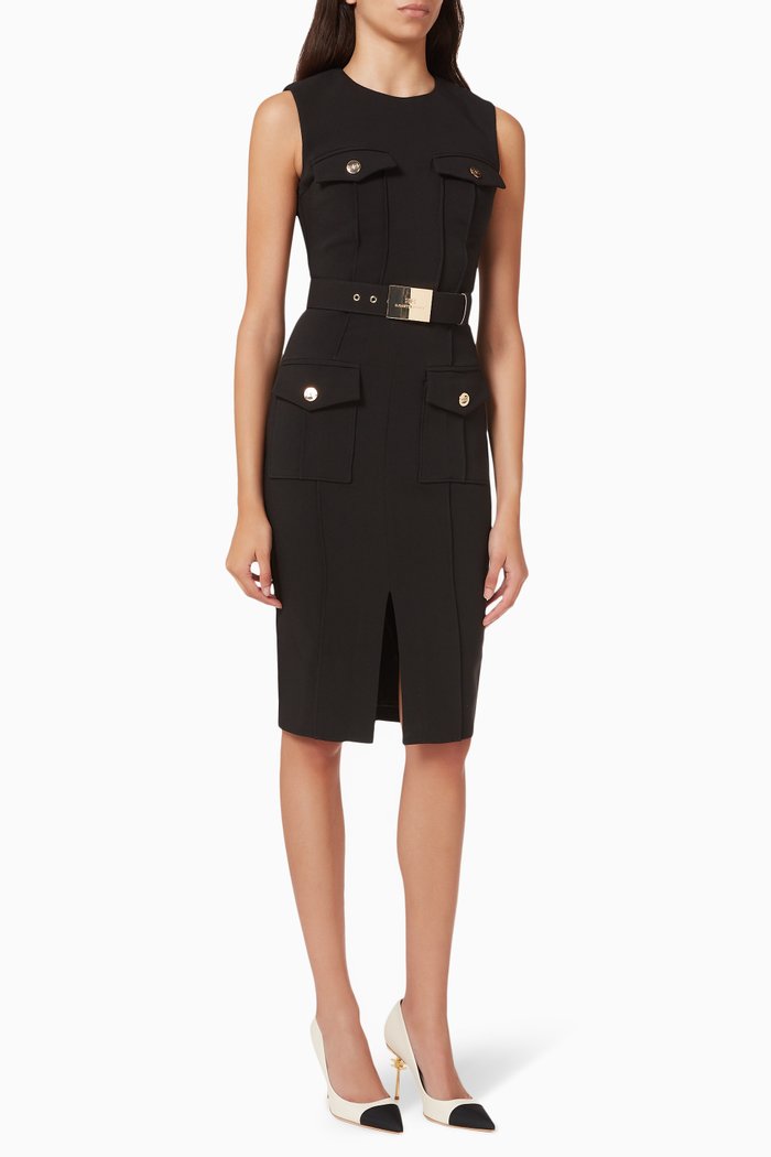 Midi Dress with Logo Belt in Crêpe, Black