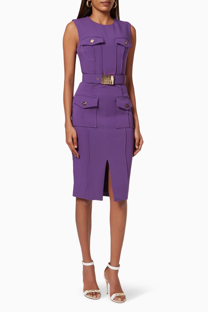 

Midi Dress with Logo Belt in Crêpe, Burgundy