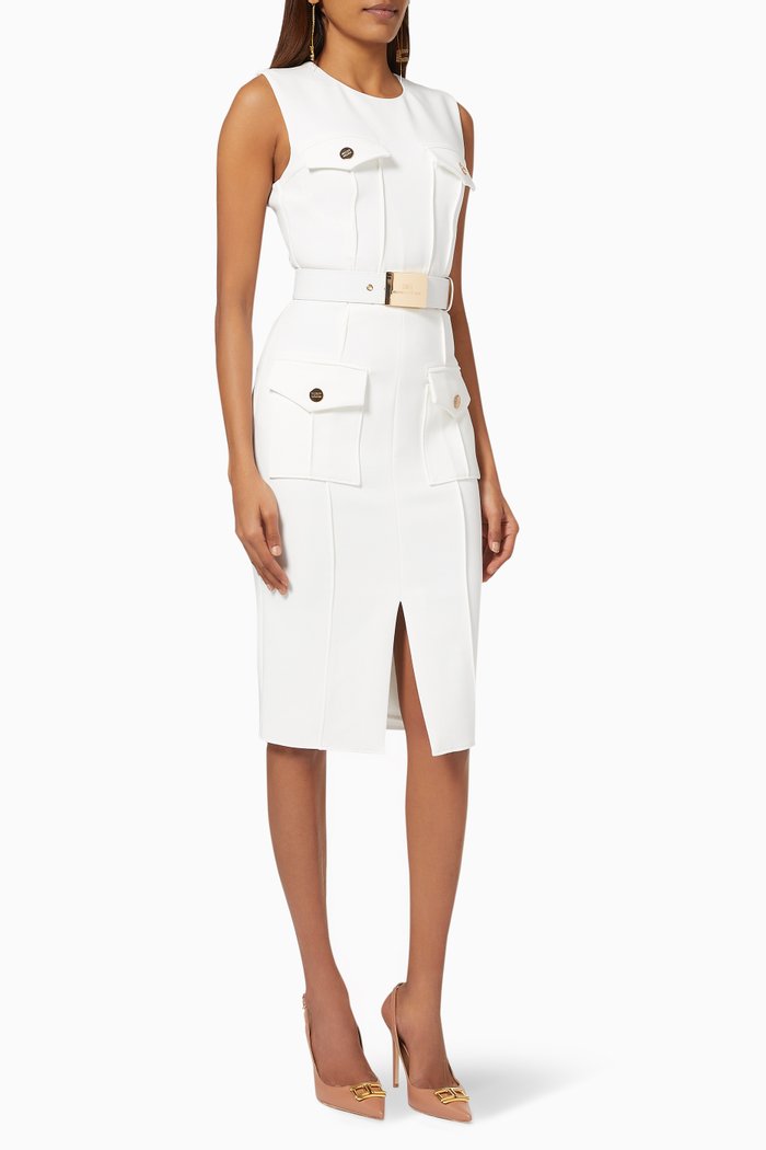 

Midi Dress with Logo Belt in Crêpe, White