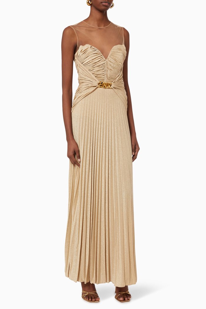 

Pleated Maxi Dress in Lamé Jersey, Brown