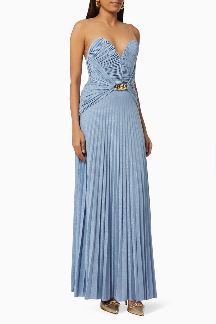

Pleated Maxi Dress in Lamé Jersey, Blue