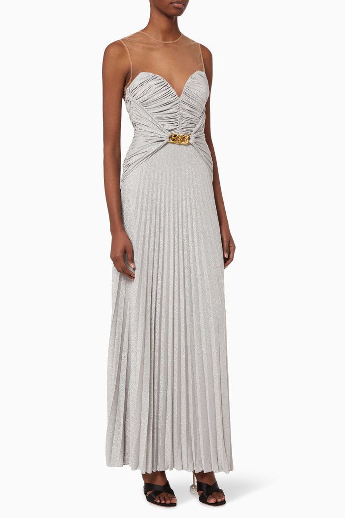 

Pleated Maxi Dress in Lamé Jersey, Grey