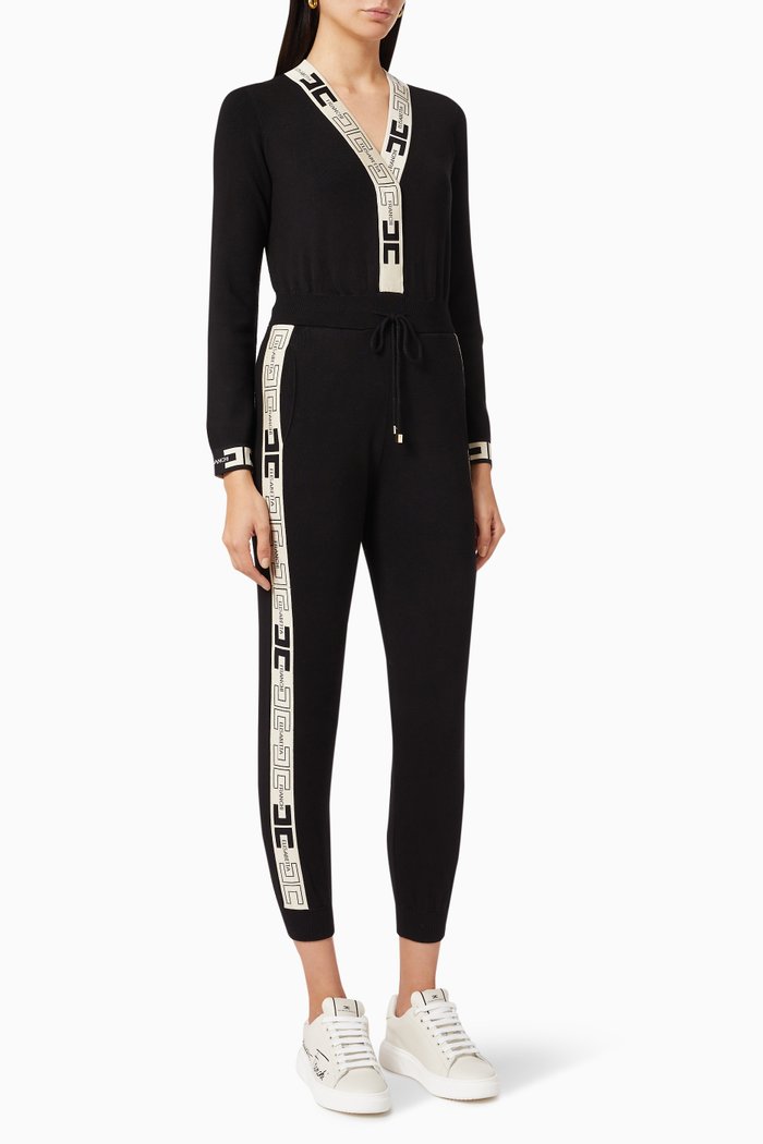

Jacquard Logo Jumpsuit in Viscose Knit, Black