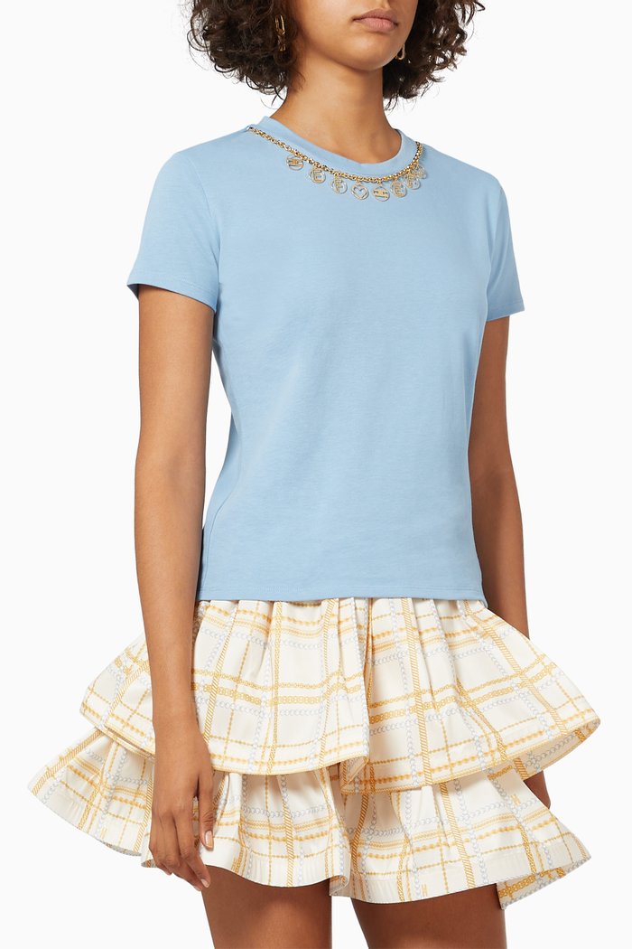 

T-shirt with Logo Chain Appliqué in Cotton, Blue
