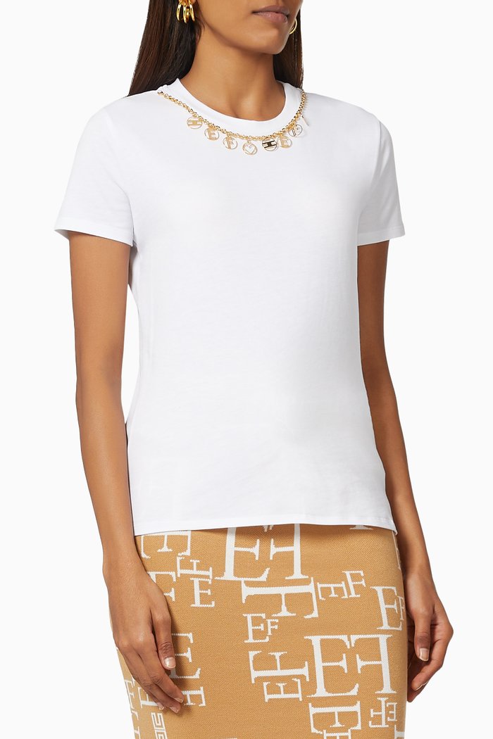 

T-shirt with Logo Chain Appliqué in Cotton, White