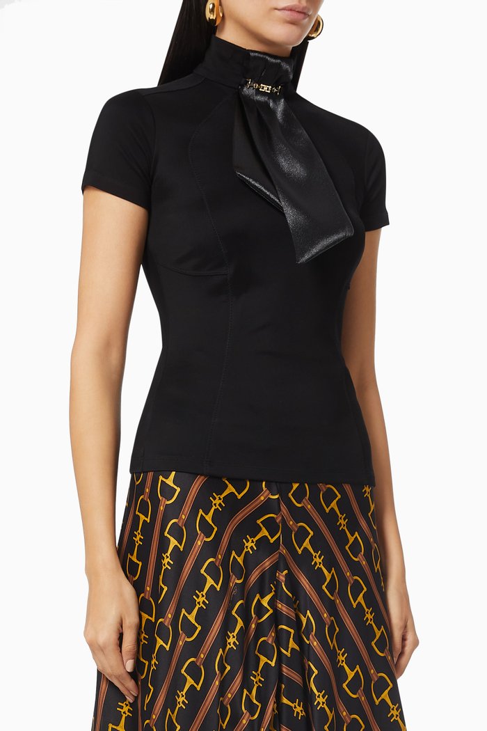 

High-collar Top with Ribbon in Viscose Jersey, Black