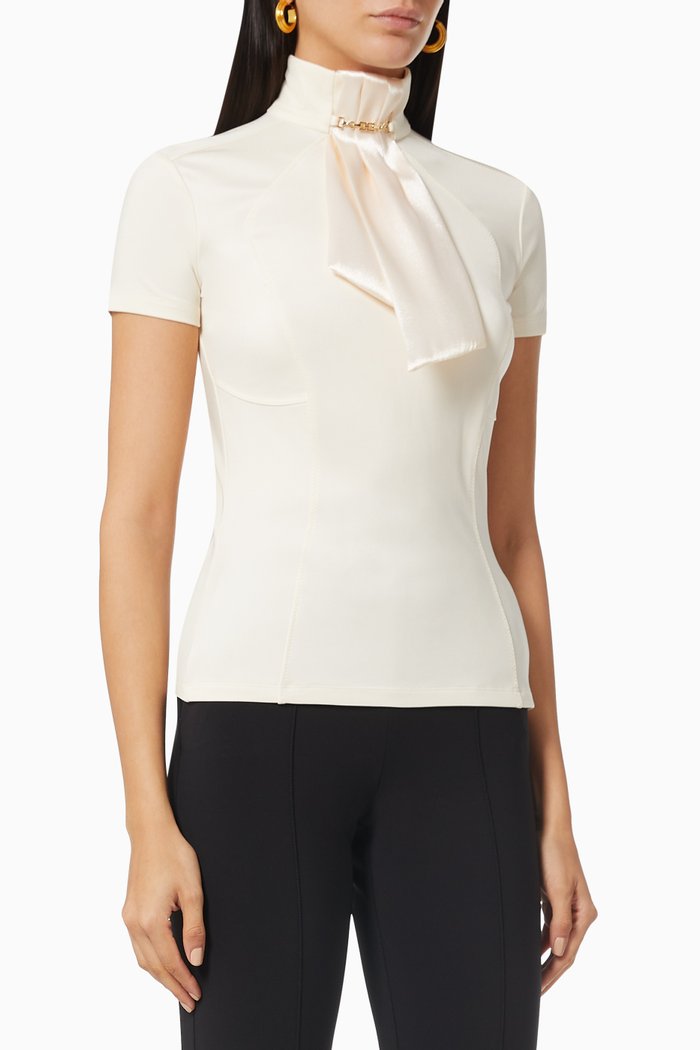 

High-collar Top with Ribbon in Viscose Jersey, White