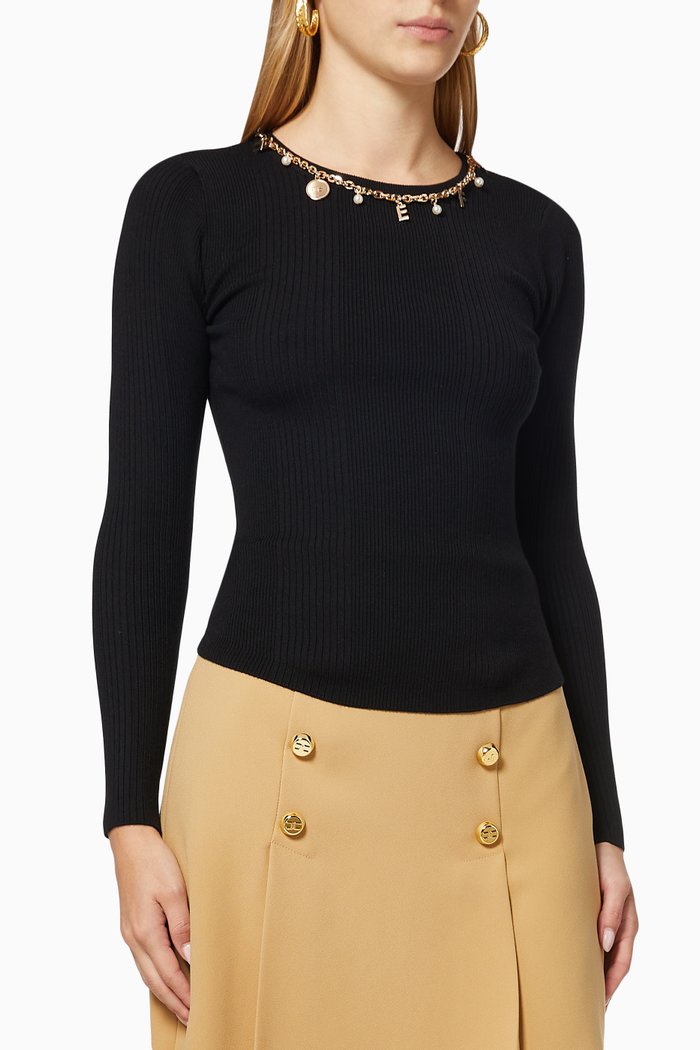 

Crewneck Top in Lyocell Silk Narrow-rib Knit, Black