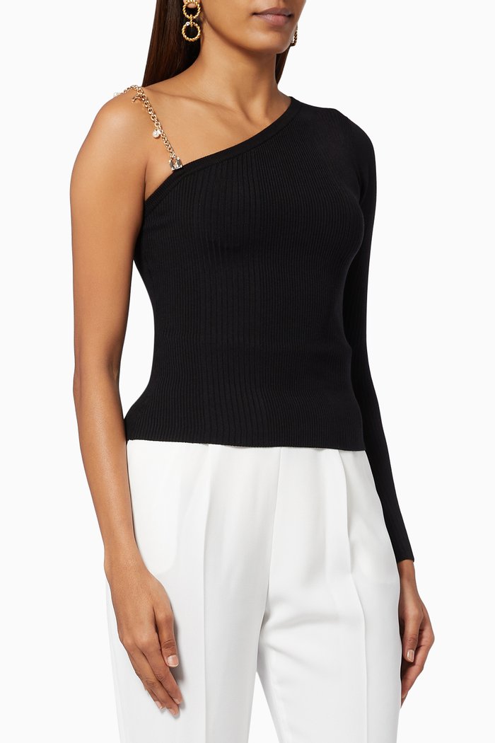 

One-shoulder Top in Lyocell Silk Narrow-rib Knit, Black