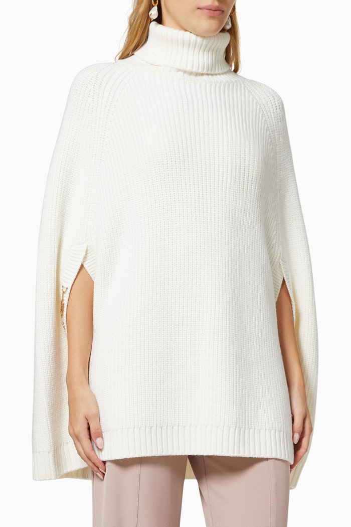 

Turtleneck Cape in Wool Rib-knit, White