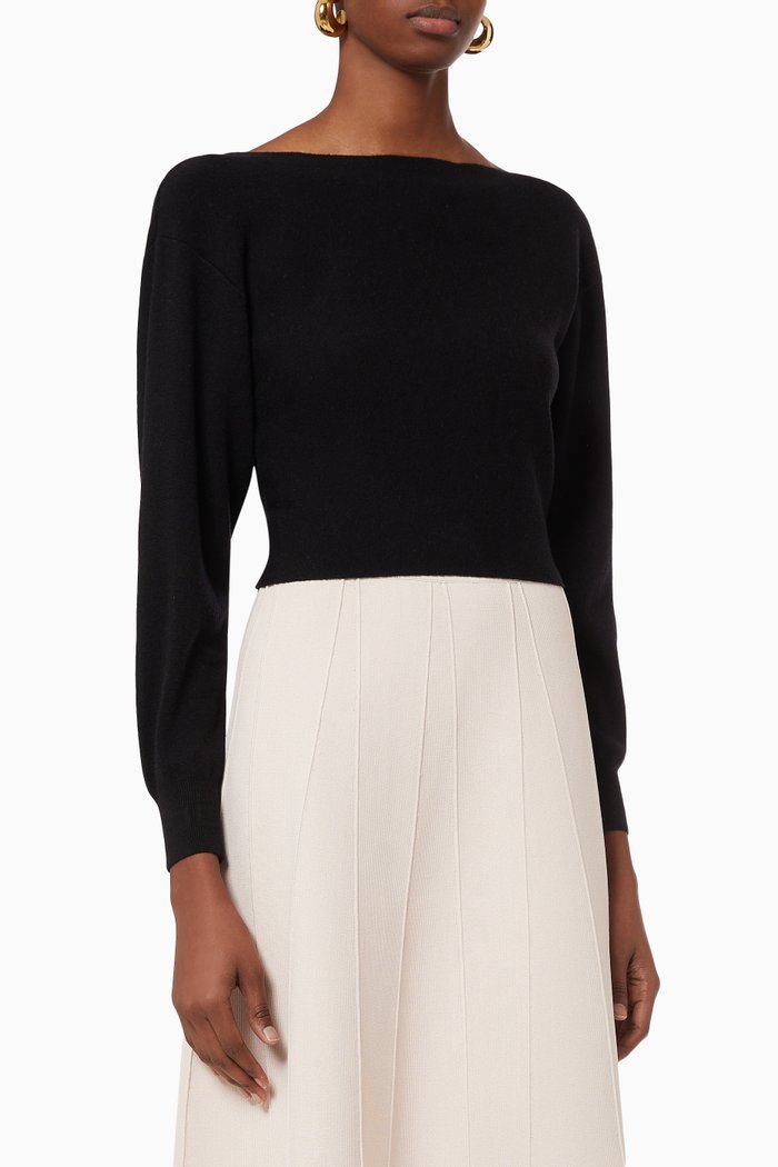 

Crossover Back Sweater in Wool Cashmere Rib Knit, Black