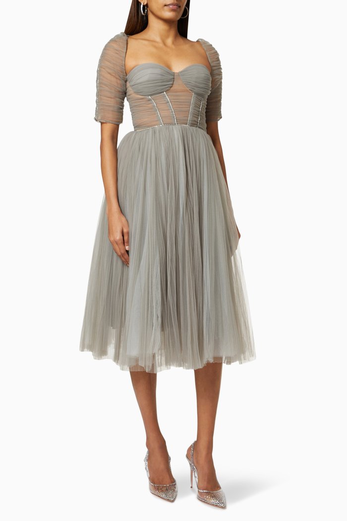 

Midi Dress in Pleated Tulle, Grey