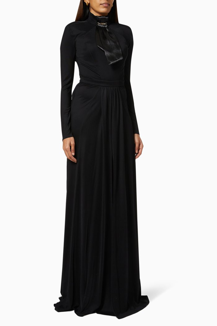 

High-collar Gown with Ribbon in Viscose Jersey, Black